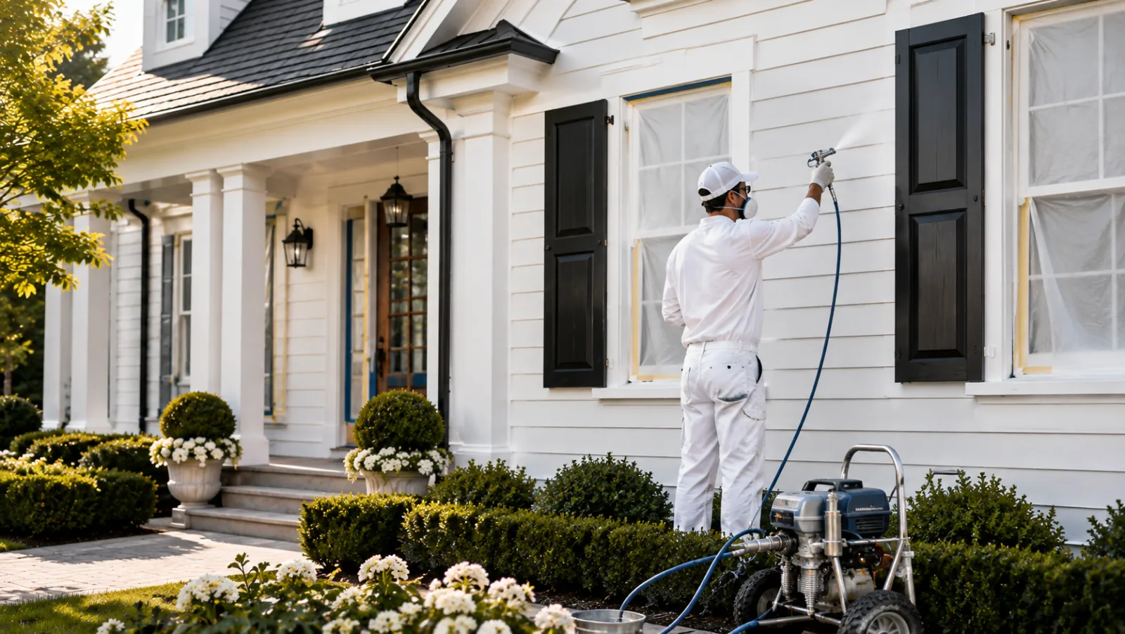 Painter spraying exterior siding with windows masked off